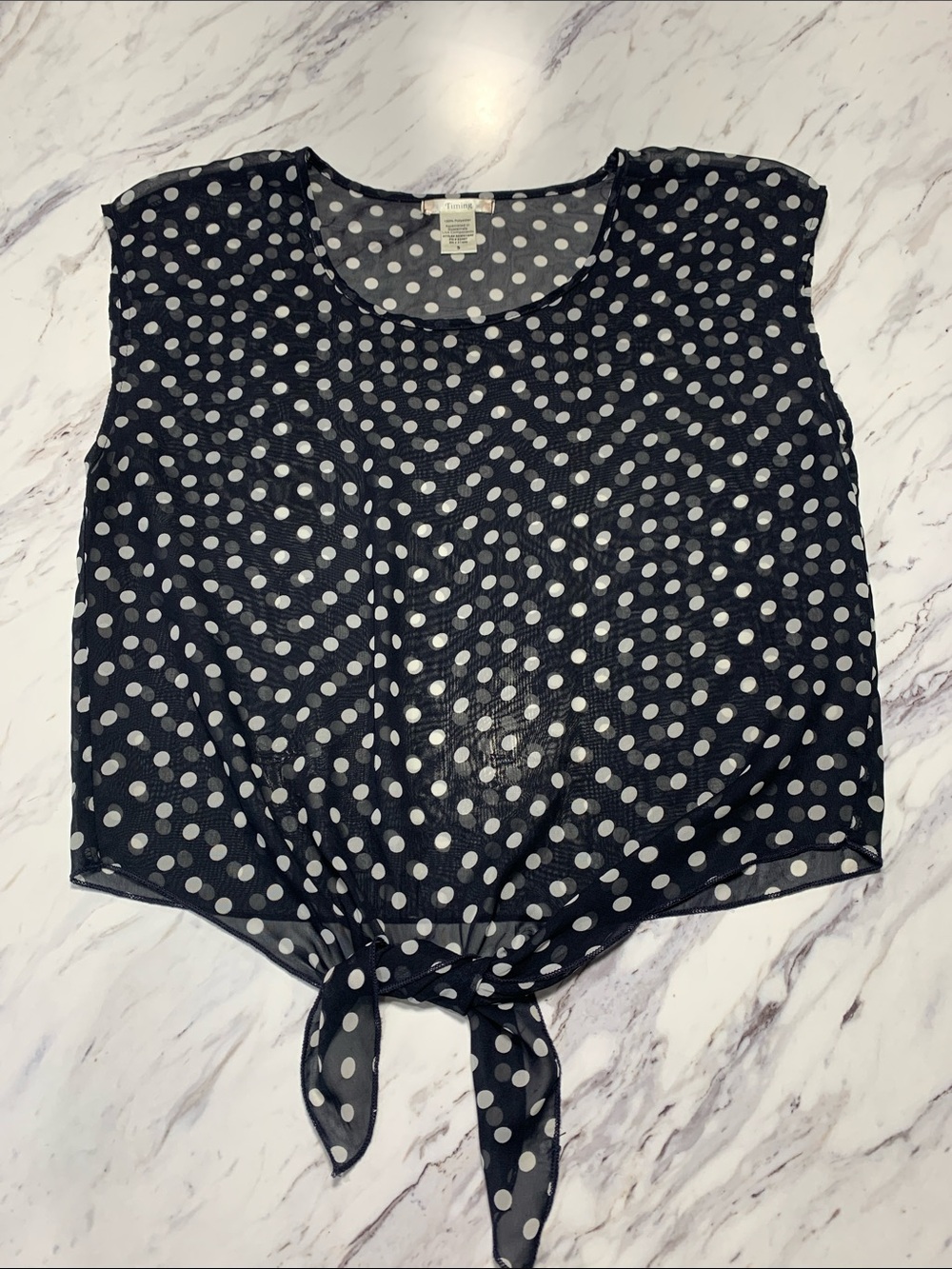 Timing Black and White Polka Dot Tie-Front Sheer Tank